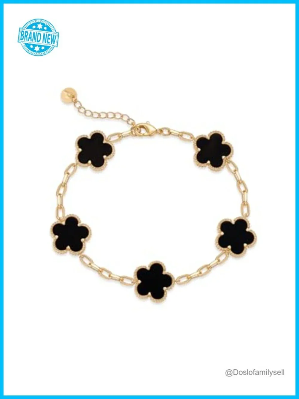 14K Gold Plated Clover Charm Bracelet with Onyx - Adjustable Chain - Trendy